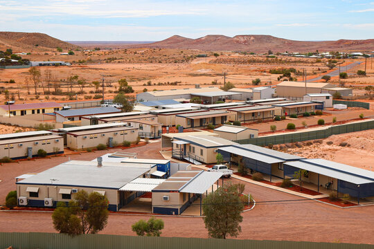 Aerial view of the Coober Pedy skyline in the outback of South Australia - Opal mining town in the red center desert where many houses are underground