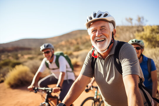 Amigos mayores maduros disfrutando y montando en bici juntos para estar en forma y sanos al aire libre. Ancianos activos divirti&eacute;ndose entrenando en la naturaleza. Retrato de un anciano sonriendo.
