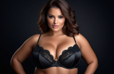 Close-up portrait of a plus-size woman model in lingerie, on a dark background - obrazy, fototapety, plakaty