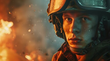 Young firefighter in action, intense gaze amid flames. emergency response, bravery on display. heroic profession captured. dramatic lighting, authentic feel. AI