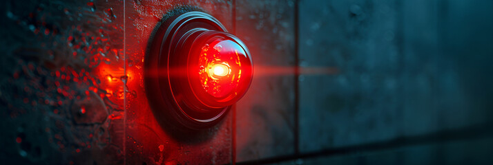 One single simple red alert alarm light on a concrete wall red and blue blurred background - obrazy, fototapety, plakaty