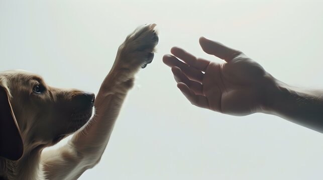 Silhouette of a dog giving high five to a human hand. friendship between man and pet captured in a tender moment. simple and evocative image. AI