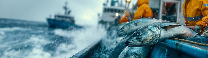 Fishing industry in the Atlantic and Northern Oceans. Unloading Freshly Caught Fish, motion blur background. - obrazy, fototapety, plakaty