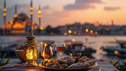 Traditional iftar items and lantern during ramadan evening with mosque background - Powered by Adobe