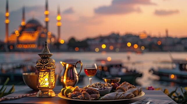 Traditional iftar items and lantern during ramadan evening with mosque background