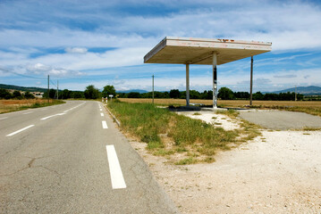 abandoned gas station at a rural road, Vaucluse near Sault , France