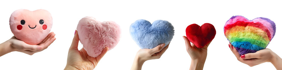 Set of pink, red, blue, rainbow, and lgbt plush hearts with a fluffy pillow in heart shape, Isolated on Transparent Background, PNG - obrazy, fototapety, plakaty