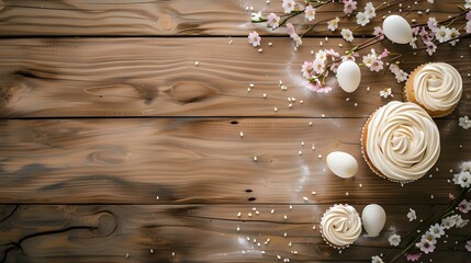 Elegant wooden background with white meringues and sprinkled petals. ideal for greeting cards, festive design, sweet delicacy theme. rustic style setup. AI