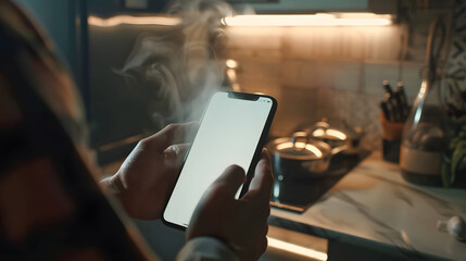 Person hand holding isolated smartphone device cooking in the kitchen with blank empty white screen and drops of water, communication technology concept - obrazy, fototapety, plakaty