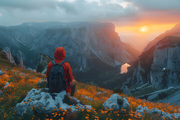 Person Sitting on Mountain Watching Sunset