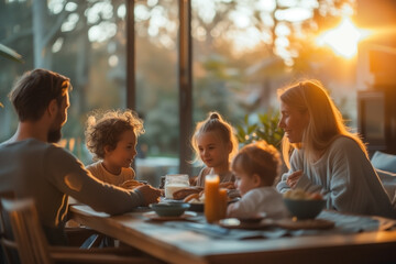 Una familia feliz comiendo junta.
Familia sonriente sentada en la mesa del comedor durante la cena. - obrazy, fototapety, plakaty