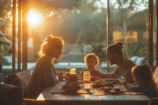 Una familia feliz comiendo junta.
Familia sonriente sentada en la mesa del comedor durante la cena.