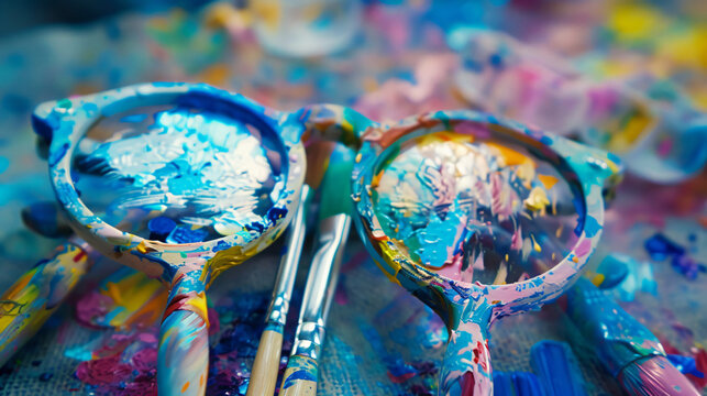 Painter's stuff, colorful glasses in paint.