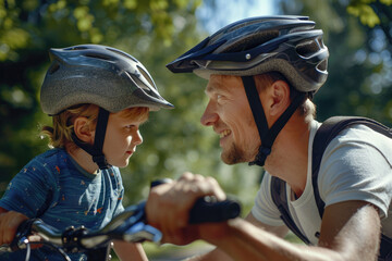 close view of father teaching his son cycling at park