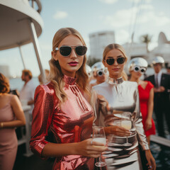 Amigos ricos y elegantes divirtiéndose en un yate de lujo.Jóvenes de fiesta en un barco. Mujeres riendo y disfrutando en fiesta en yate.