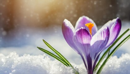 blooming purple crocus flower covered snow spring background