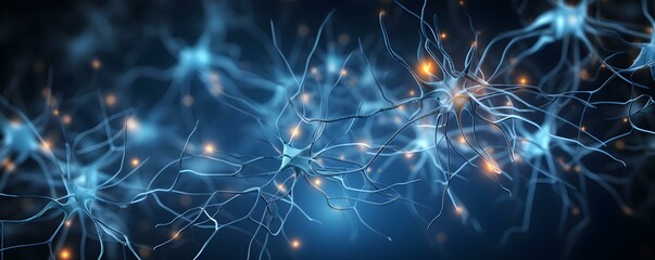 Mapping the neural network: Blue background illustration of nerve cell neuron system and synapse connections for AI generation. Concept Neural Network Illustration, Nerve Cell Neuron - obrazy, fototapety, plakaty