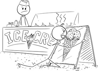 Overheated Person Licking Sign with Ice Cream Picture, Vector Cartoon Stick Figure Illustration