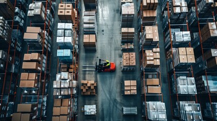 Worker driving forklift in warehouse. Retail warehouse with shelves with goods in cardboard boxes. Product distribution logistics center