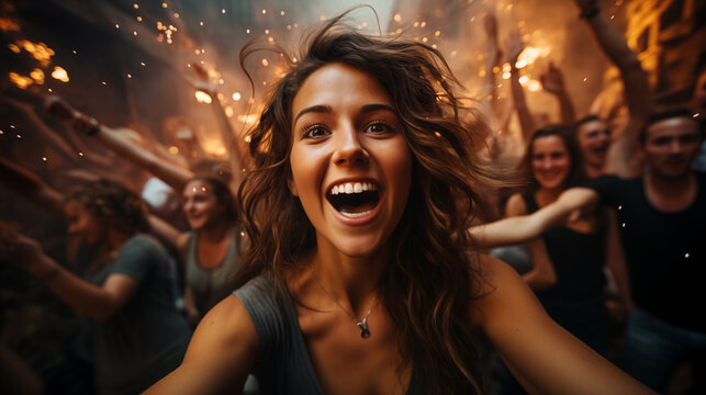 Grupo de amigos riendo y disfrutando en una fiesta.
Alegre reuni&oacute;n de mujer y amigos.