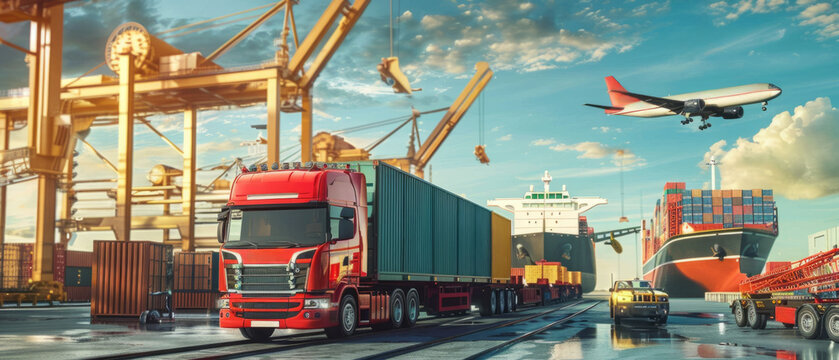 Truck, cargo ship and airplane at busy port symbolizing global trade. Poster for global trade and export-import services firm.