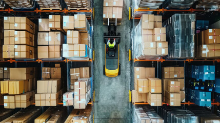 Worker driving forklift in warehouse. Retail warehouse with shelves with goods in cardboard boxes. Product distribution logistics center.