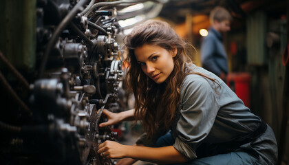 Fototapeta na wymiar Mujeres en ingeniería mecánica y mantenimiento. Taller para operarios de aviacion y motores, formación de mujeres ingenieras. 