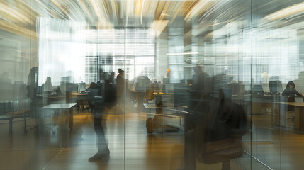 Blurred office with people working behind glass wall.