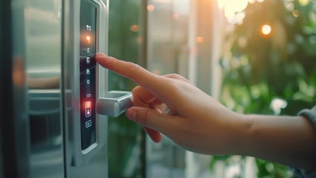 Close-up of woman's fingers entering a password on smart touch digital door keypad on the front door lock.