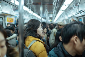 Asian woman in yellow on a crowded train