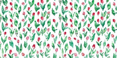 Tulips red and green watercolor seamless pattern, isolated, on white background