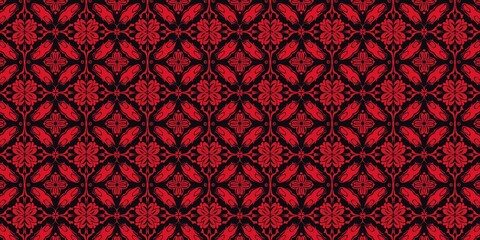 fabric a red and black damask pattern on black background, in the style of symmetry and repetition, bold and vibrant colors