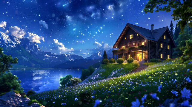 A historic house perched on a hillside, surrounded by alpine meadows and lake. Fantasy landscape anime or cartoon style, seamless looping 4k time-lapse virtual video animation background