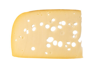 maasdam cheese slice with holes closeup, swiss cheese isolated