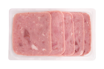 slices of pork ham sausage in plastic package isolated