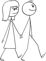 Man and Woman Walking Happily Together, Vector Cartoon Stick Figure Illustration - 742657796