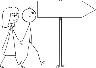 Man and Woman Walking Happily Together, Vector Cartoon Stick Figure Illustration - 742658319