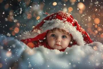 Cute baby girl in Santa Claus costume on blurred snowy Christmas background