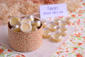 Wedding gifts favors custom lip balms on favor table, party guest gifs, natural color souvenirs