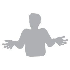 肩をすくめ腕を広げ手のひらを上に向けてお手上げの男性のモノクロシルエットイラスト　グレー