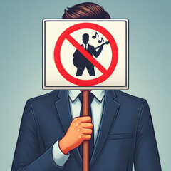 A man in a classic office suit holds a sign with the symbol "no music". music ban, guitar player icon in a red crossed-out circle