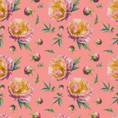 Floral watercolor pattern with pink peony, green leaves.Elegant endless botanical print, repeat fashion print for fabric, clothes.