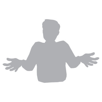 recommend clip art: 肩をすくめ腕を広げ手のひらを上に向けてお手上げの男性のモノクロシルエットイラスト　グレー