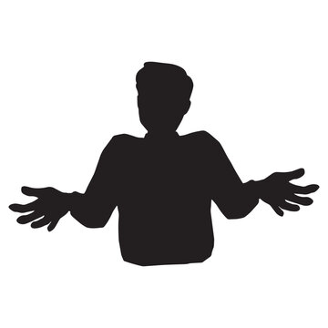 recommend clip art: 肩をすくめ腕を広げ手のひらを上に向けてお手上げの男性のモノクロシルエットイラスト
