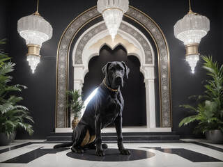 A black great Dane in gold collars in a marble room