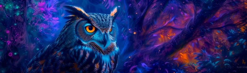 Zelfklevend Fotobehang owl with feathers that mimic the northern lights, perched in an enchanted grove filled with vibrant hues. © Maximusdn
