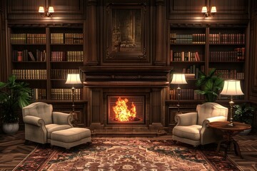 Cozy room interior with stylish furniture decorative fireplace and TV set