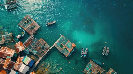 Aerial view of fish farm on the sea 
