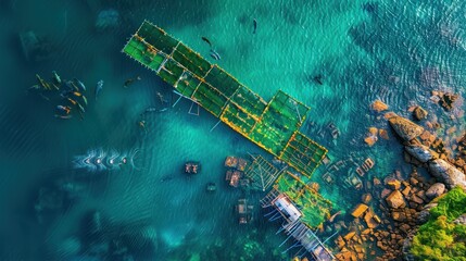 Aerial view of fish farm on the sea 