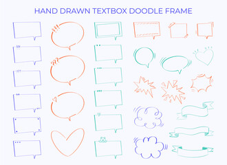 Hand drawn textbox doodle frame set. Rectangle, square, circle, oval, heart, cloud, explosion, ribbon shape pen line scribble element. Vector illustration.